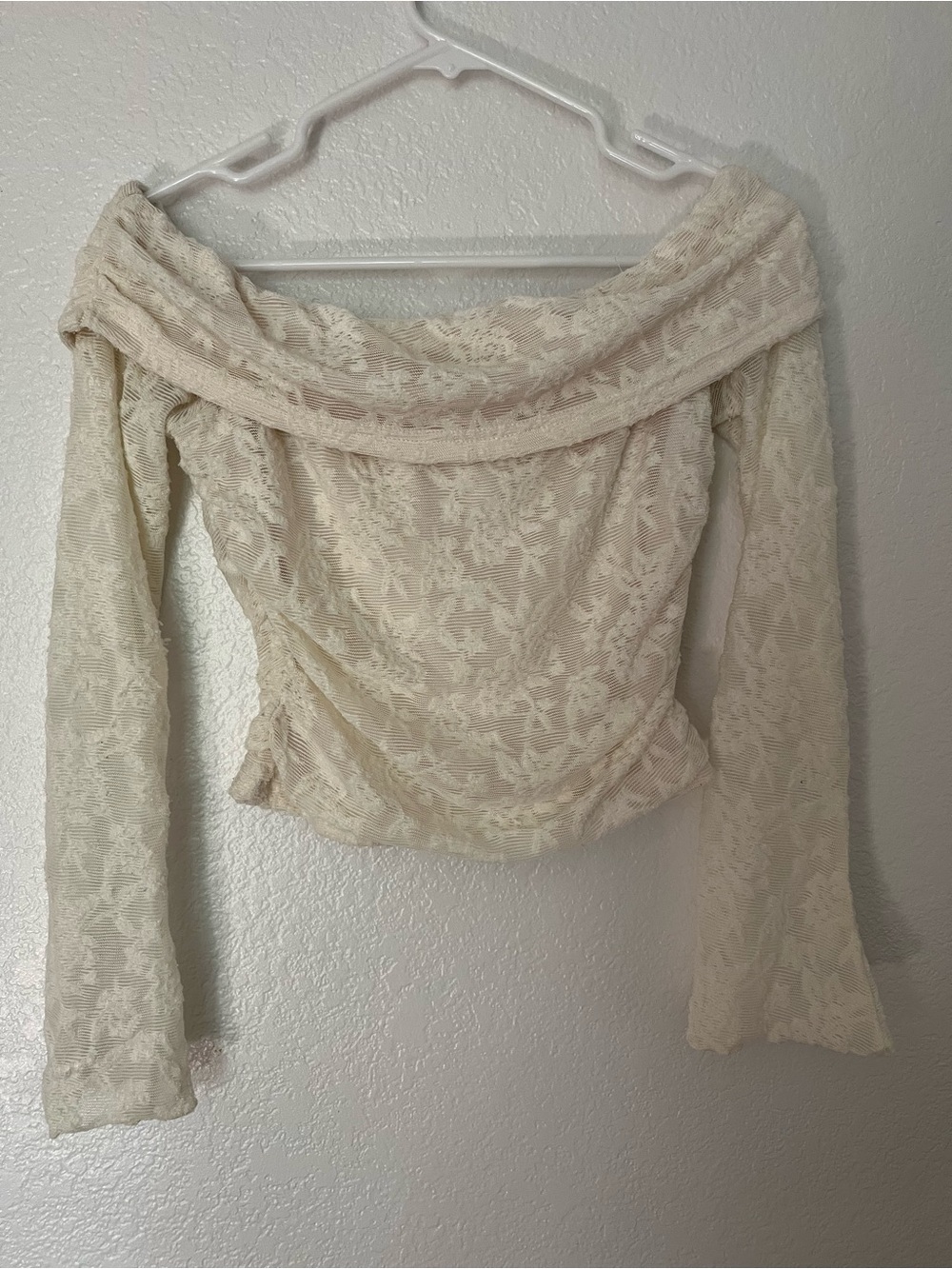 Cream Off-Shoulder Lace Long Sleeve Top